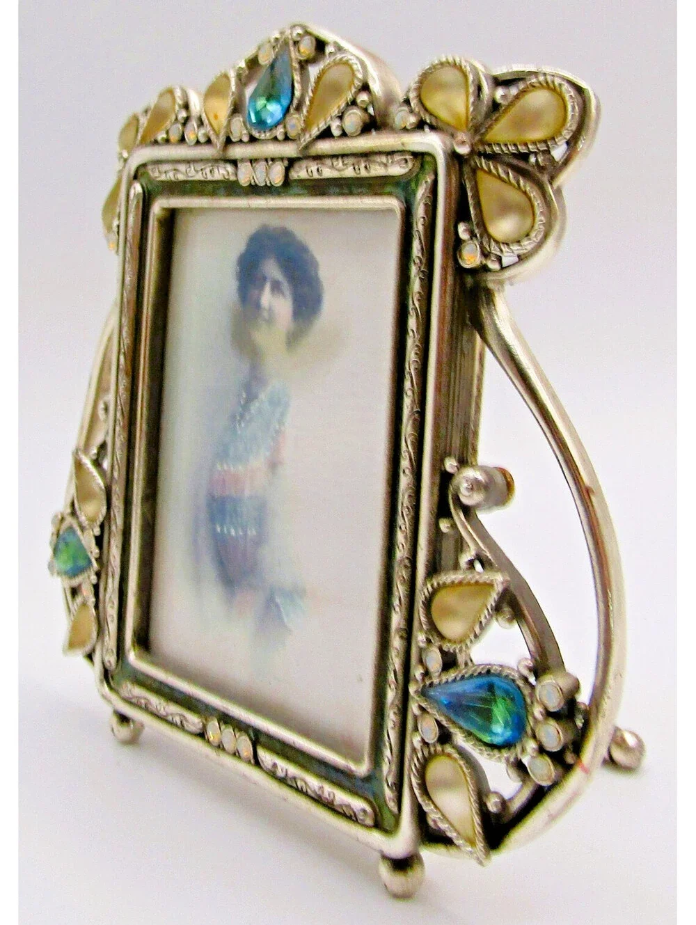 Edgar Berebi Art Nouveau-Style Silver and Enamel Jeweled Frame 4 1/4